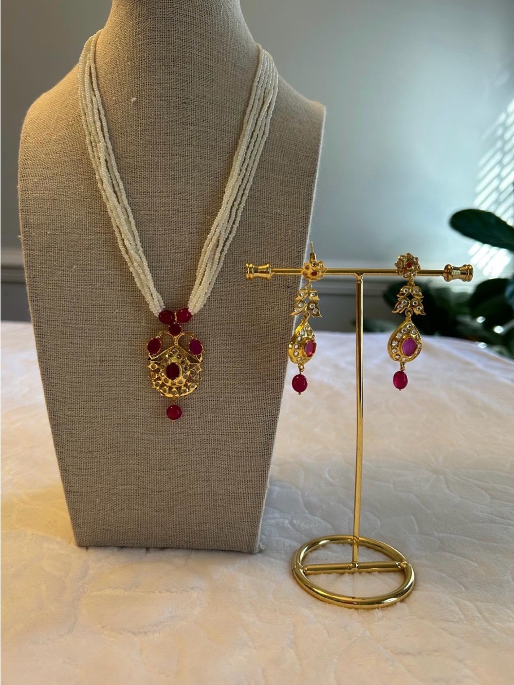 Gold and Red Beaded Pendant Necklace with Matching Earrings - Women Jewelry